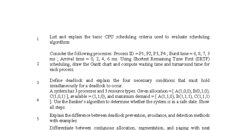 CPU Scheduling & Deadlock Analysis: QB2 Final Exam Notes - Studocu
