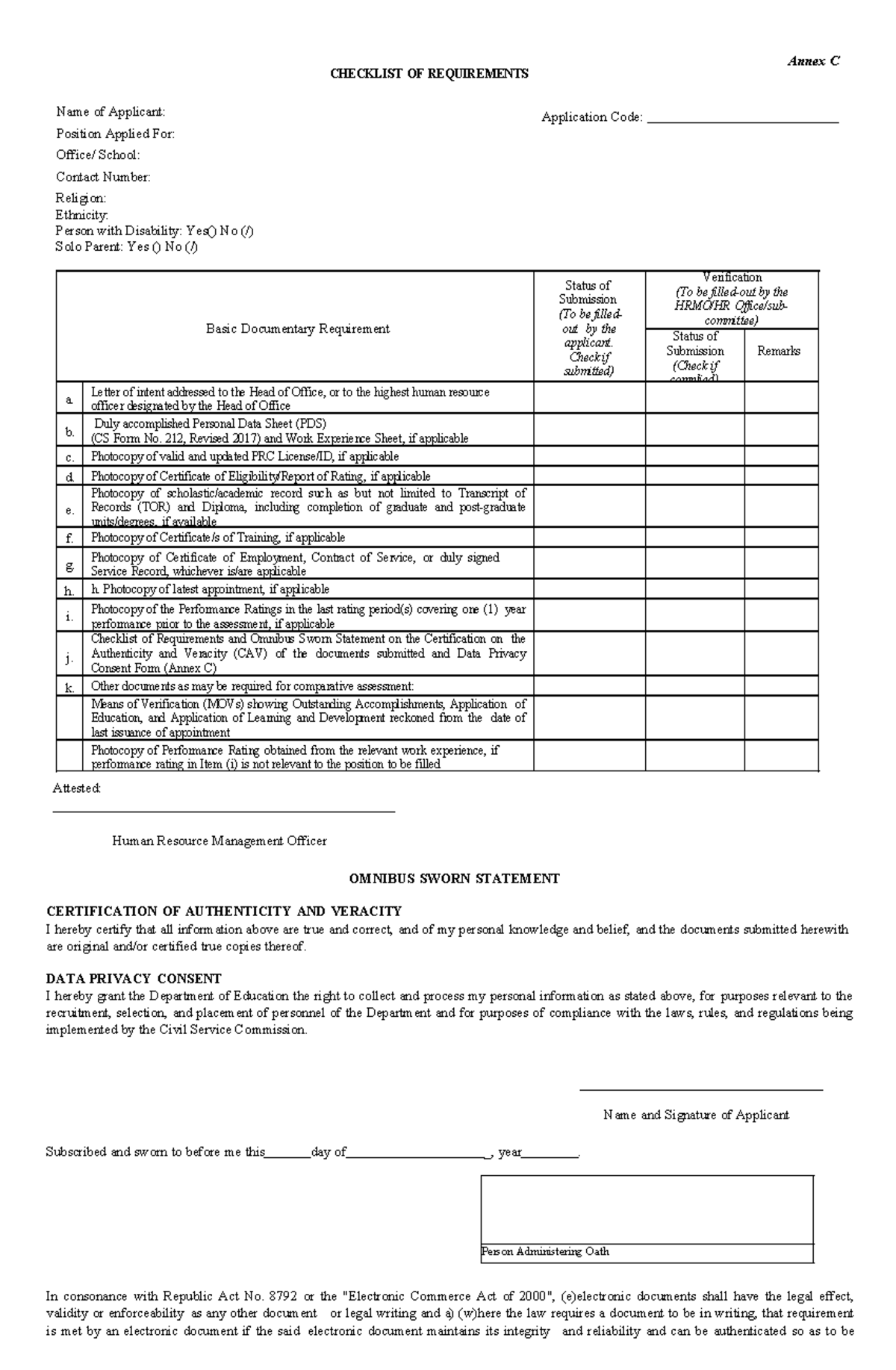 Annex C Checklist of Requirements and Omnibus Sworn Statement ...