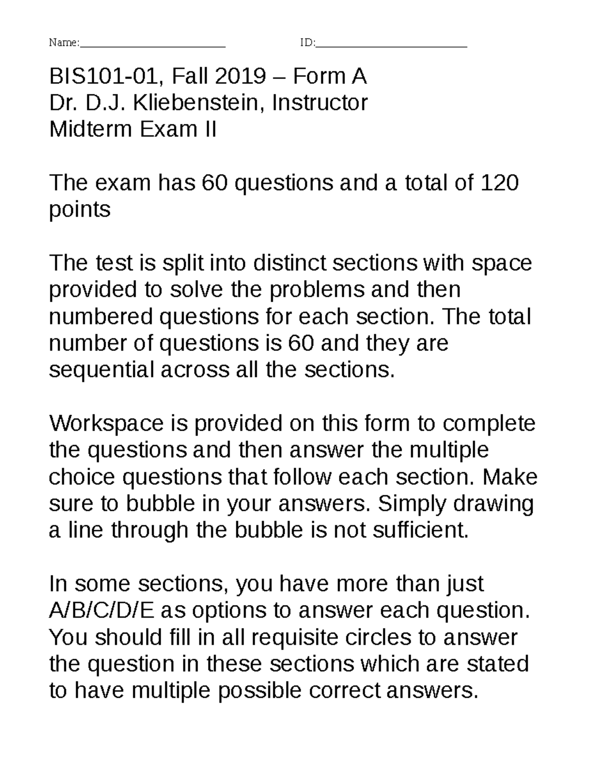 BIS101-01 Midterm II Answer Key - Fall 2019 (Form A) - Studocu