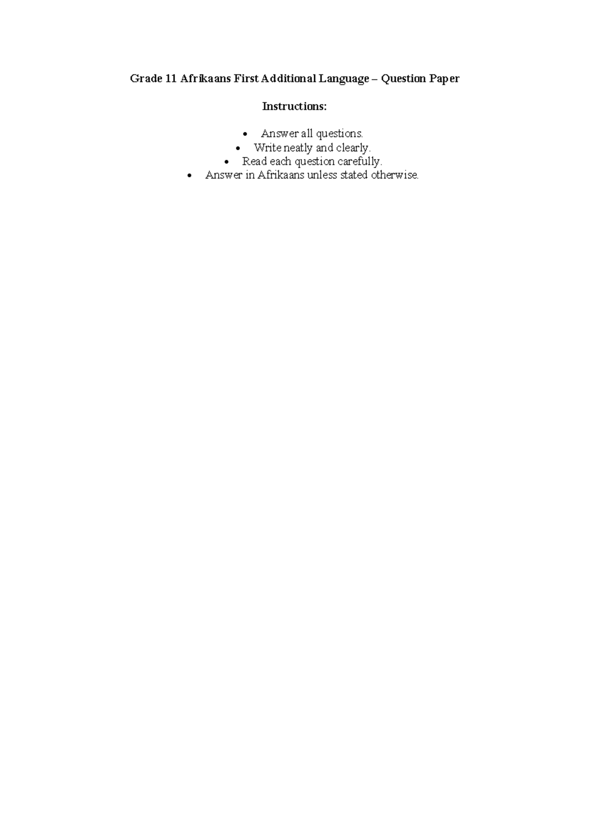 Grade 11 Afrikaans FAL Mock Exam Paper - Studocu