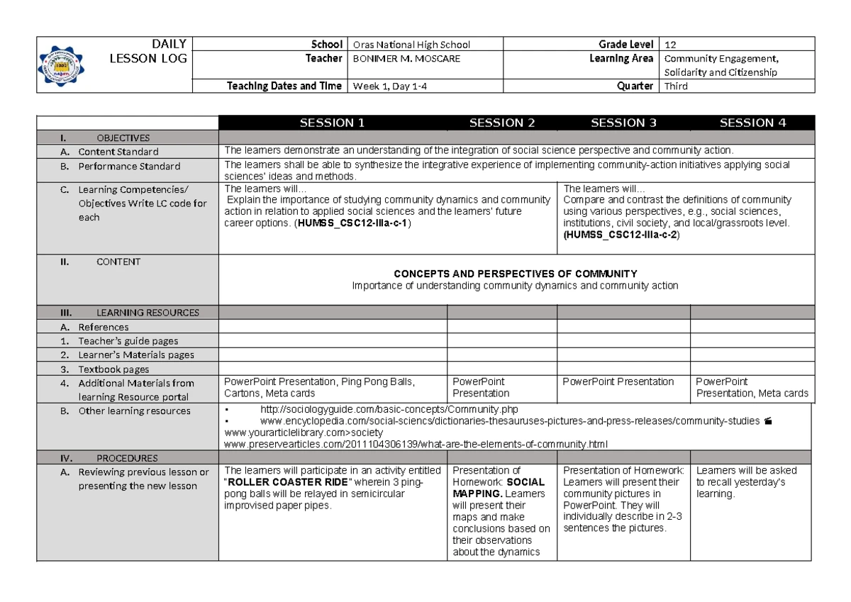 Week 3 Daily Lesson Log - CESC: Community Engagement & Citizenship ...