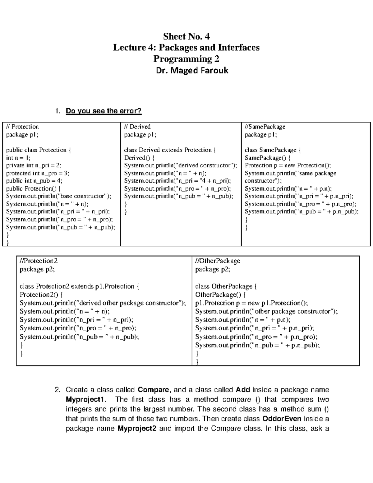 Sheet No.4-Packages and Interfaces - Sheet No. 4 Lecture 4: Packages ...