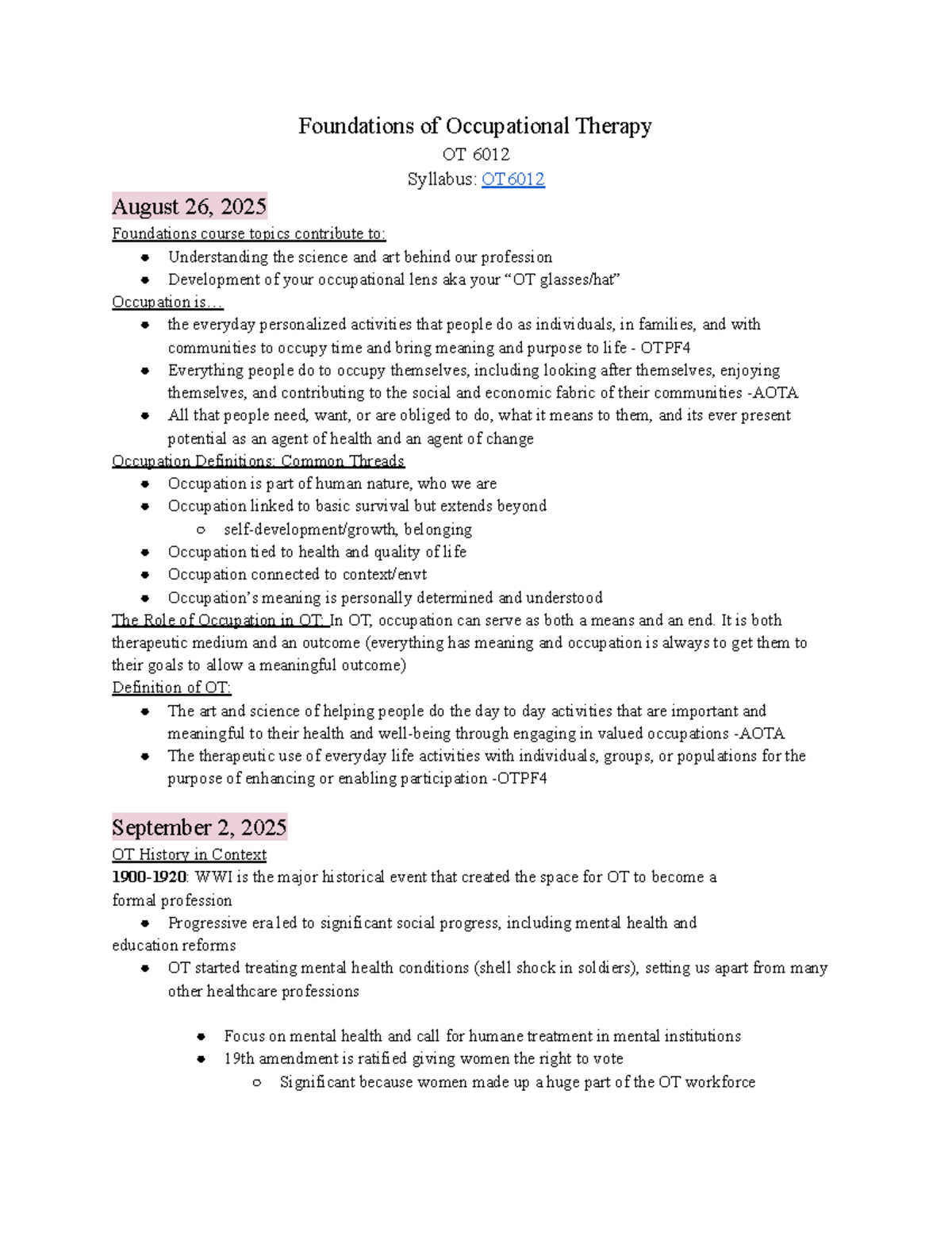 Midterm Study Guide for OT 6012 Foundations of Occupational Therapy