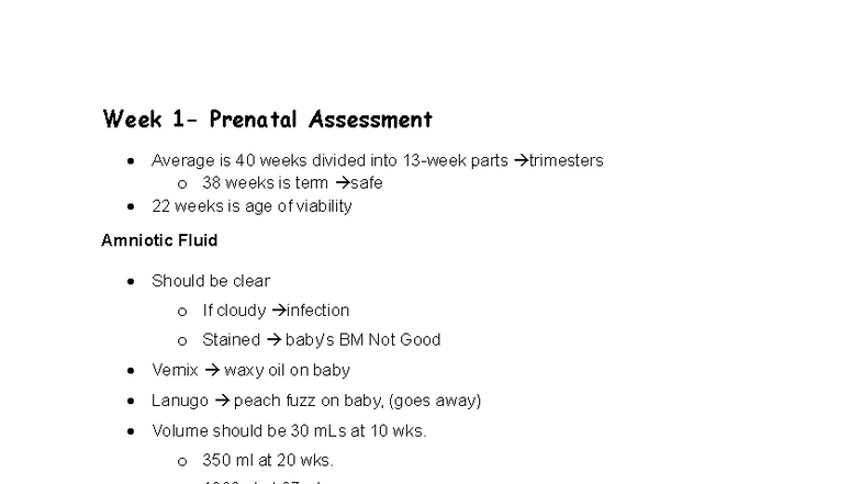 Prenatal Assessment Notes: Week 1 Overview and Key Points - Studocu