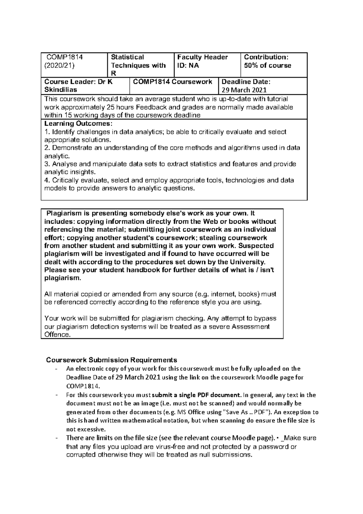 COMP1814 Coursework - COMP (2020/21) Statistical Techniques with R ...