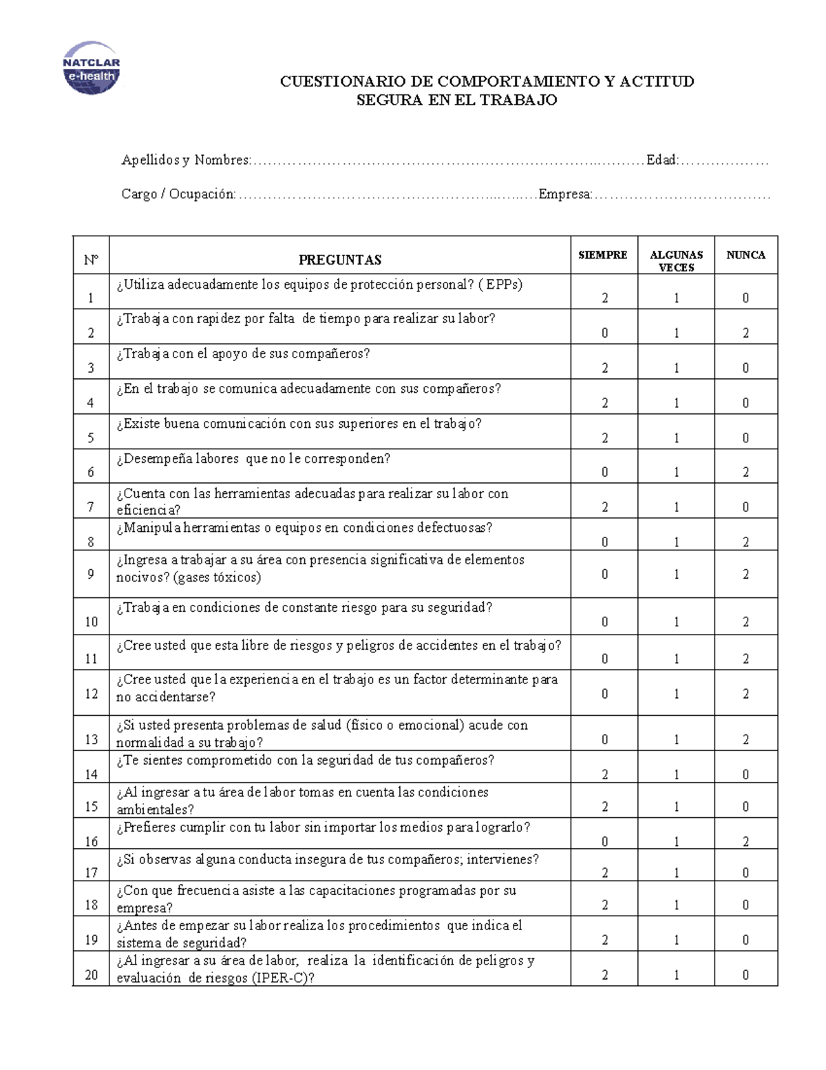 Cuestionario de Comportamiento y Actitud Segura en el Trabajo - CUEST 101 - Document Preview