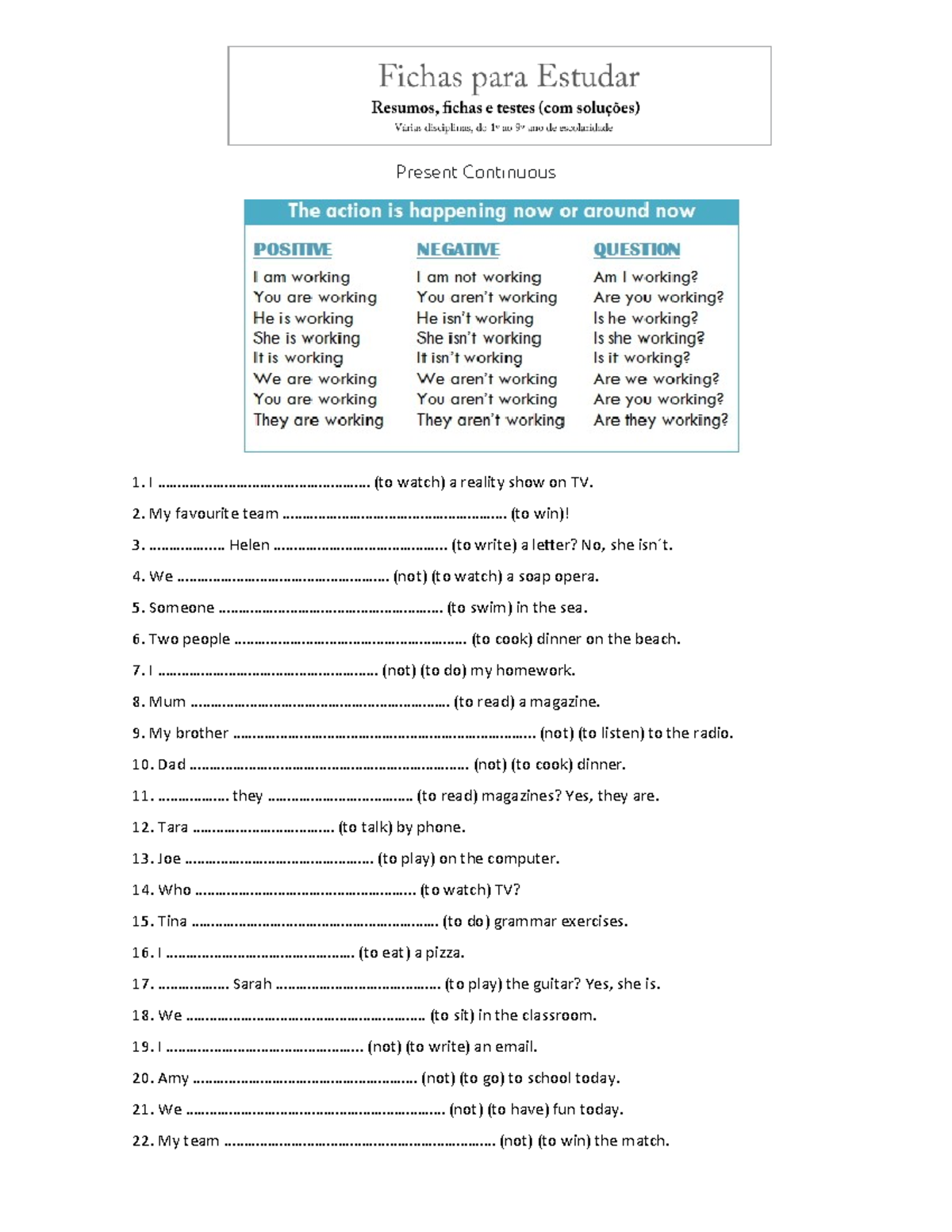 Ficha Ingles 8 Ano - Present Continuous Exercises - Studocu