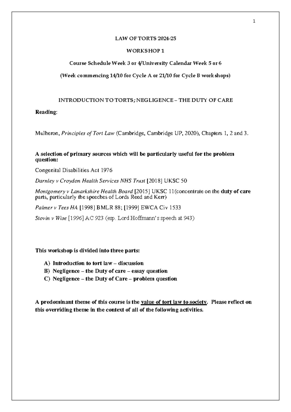 LAW OF TORTS (LAW101) WORKSHOP 1: Negligence & Duty of Care Notes - Studocu
