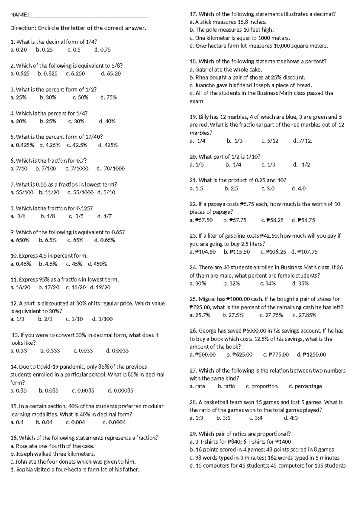 Q3 Math Summative Exam Questions and Answers - Studocu