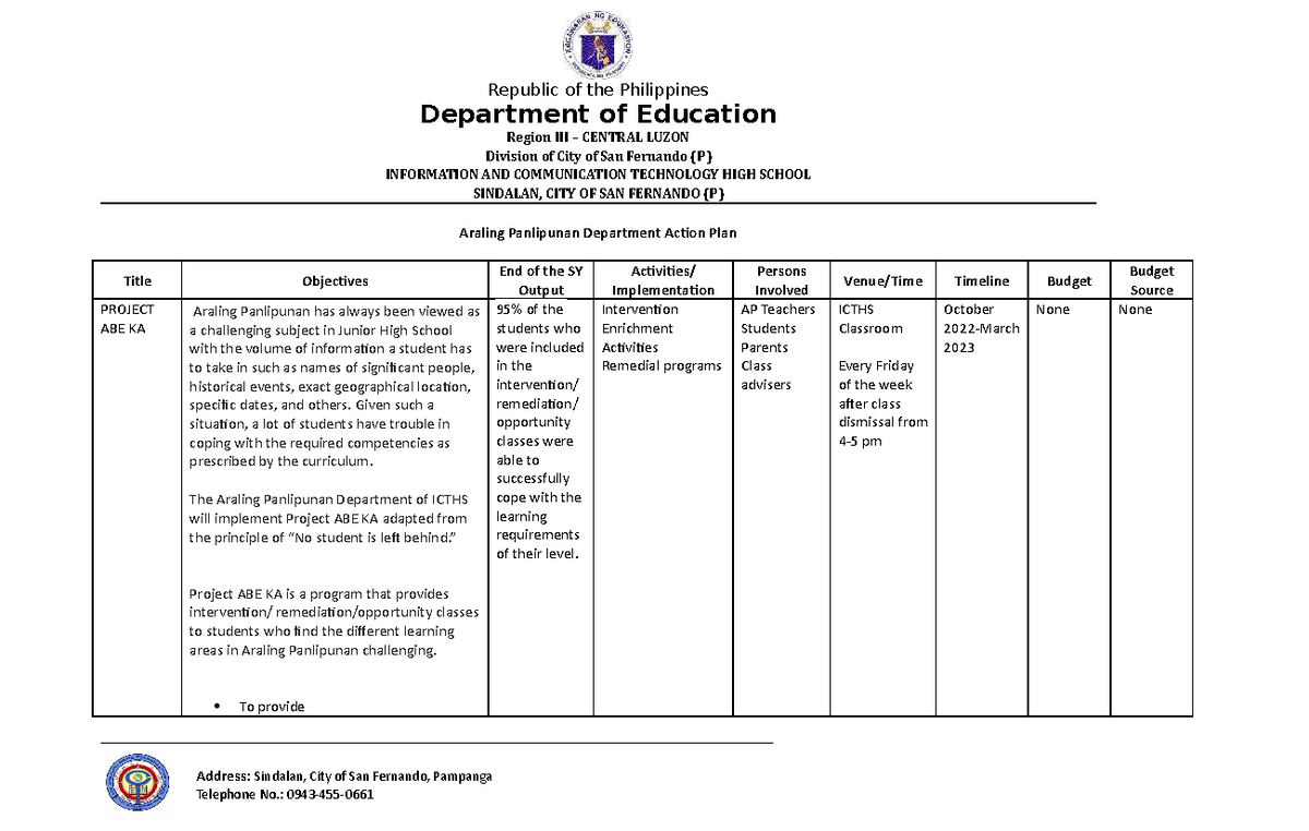 Araling Panlipunan (AP) Department Action Plan for Project ABE KA - Studocu