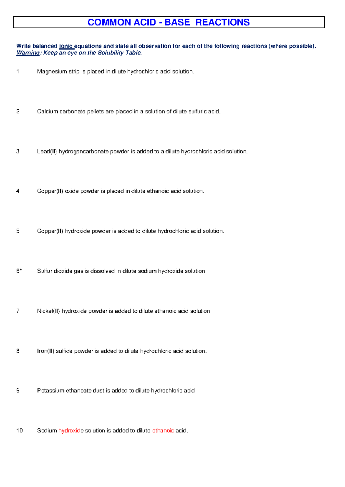 2023 CHEM 101 Common Acid-Base Reactions and Observations - Studocu