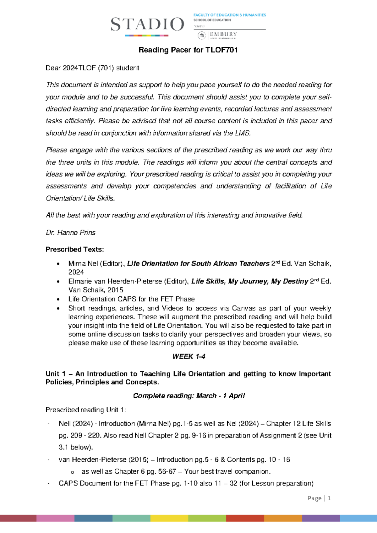 PGCE - TLOF 701 2023 Reading Pacer Guide for Student Success - Studocu