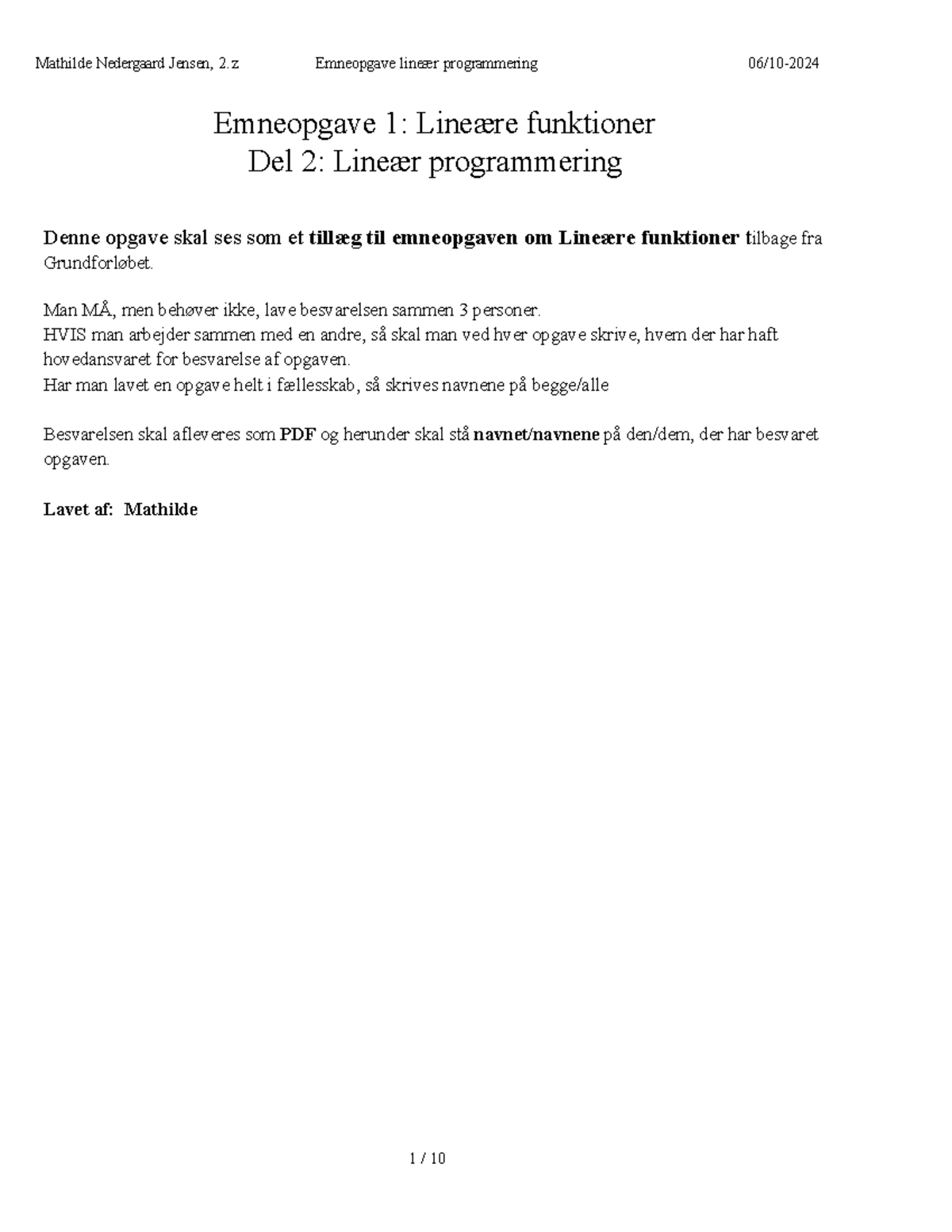 Lineær funktioner opgave - Emneopgave 1: Lineære funktioner Del 2 ...