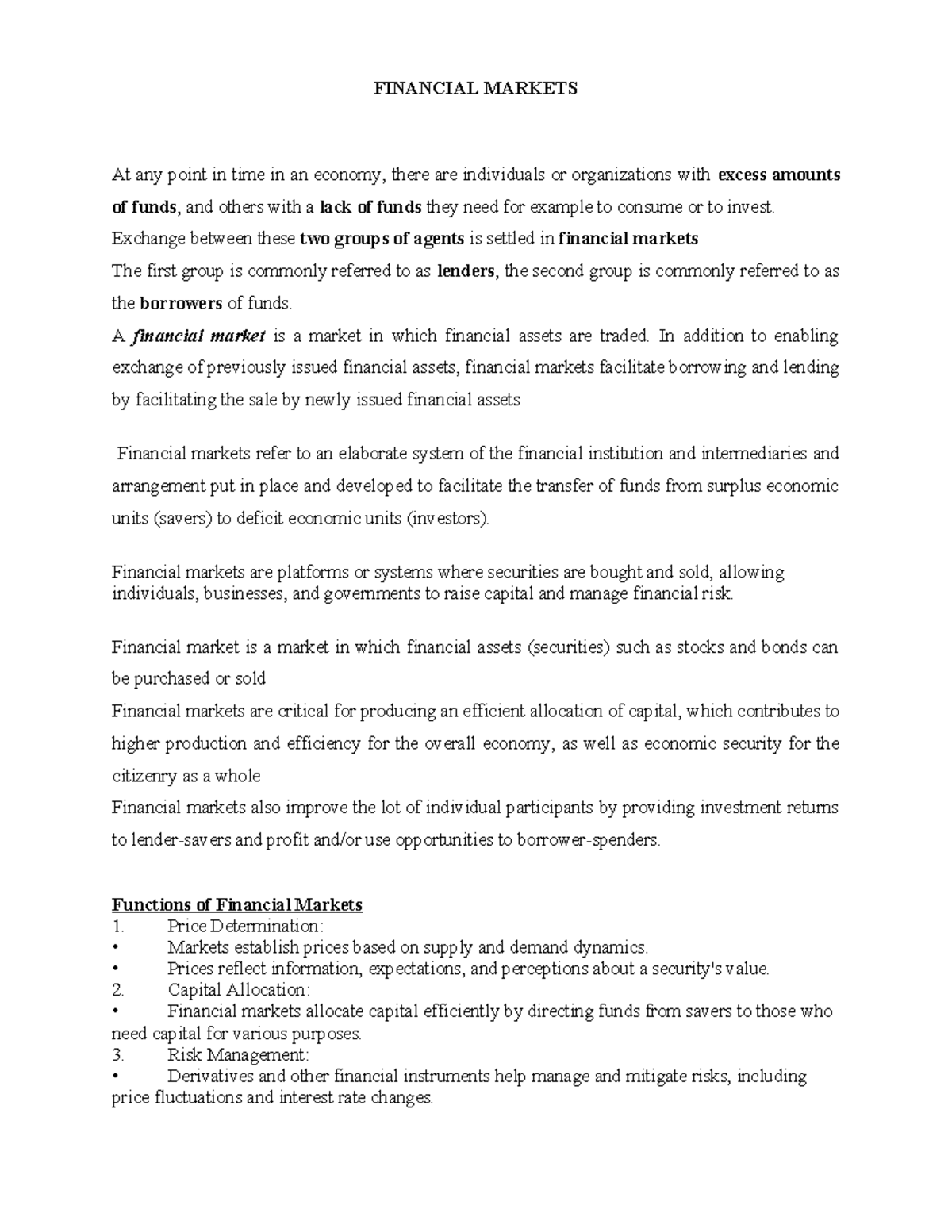 FIN 301: Financial Markets Overview - Week 3 Notes - Studocu