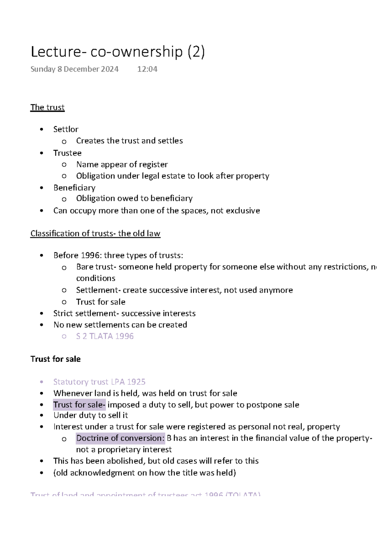 Lecture Notes on Co-Ownership and Trusts (LA123) - Studocu