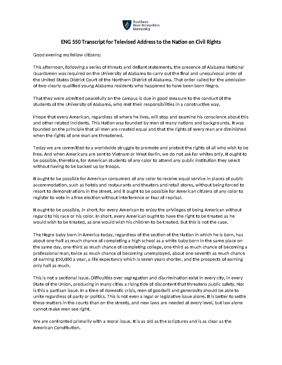 ENG 550 Civil Rights Address: Equal Rights and Social Justice Challenge ...