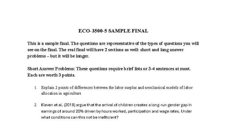 Monsoon 2025 ECON 101 Sample Final Exam Questions - Studocu