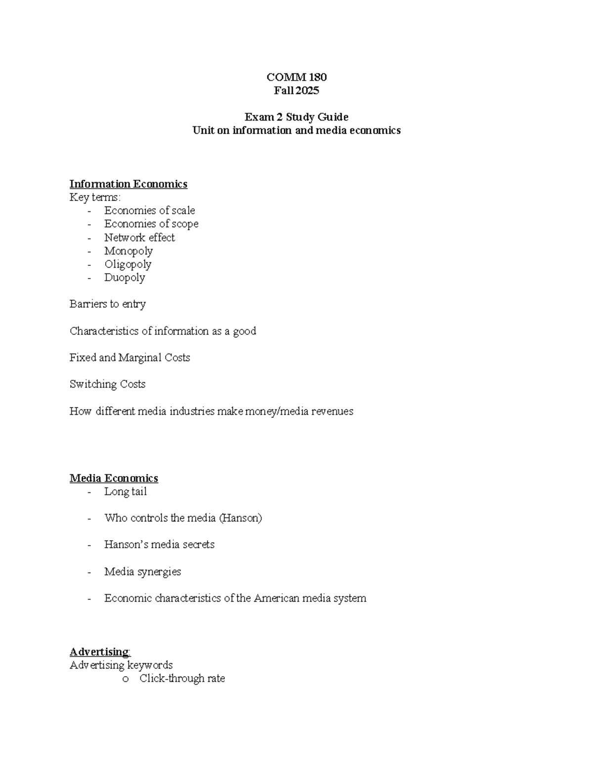 COMM 180 Fall 2025 Exam 2 Study Guide: Media & Info Economics - Studocu