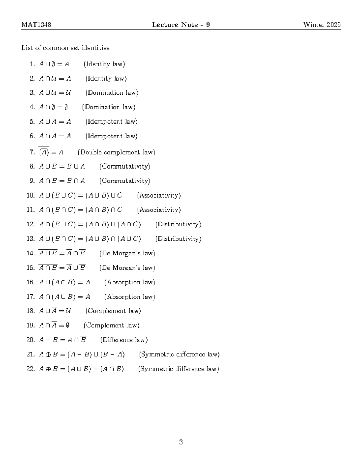 MAT1348 Lecture Note 9: Common Set Identities Overview - Studocu