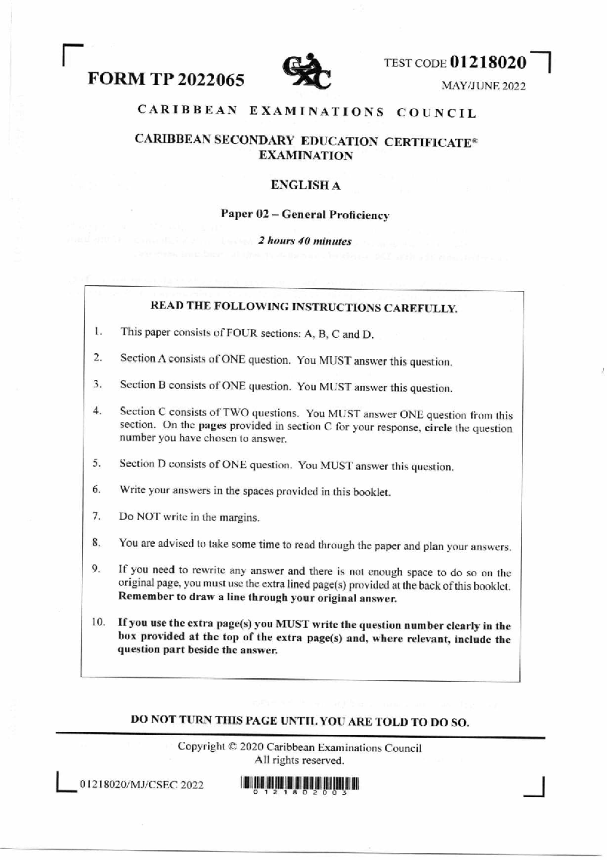 English A Paper 02 - CSEC 01218020 Past Exam Questions & Instructions ...