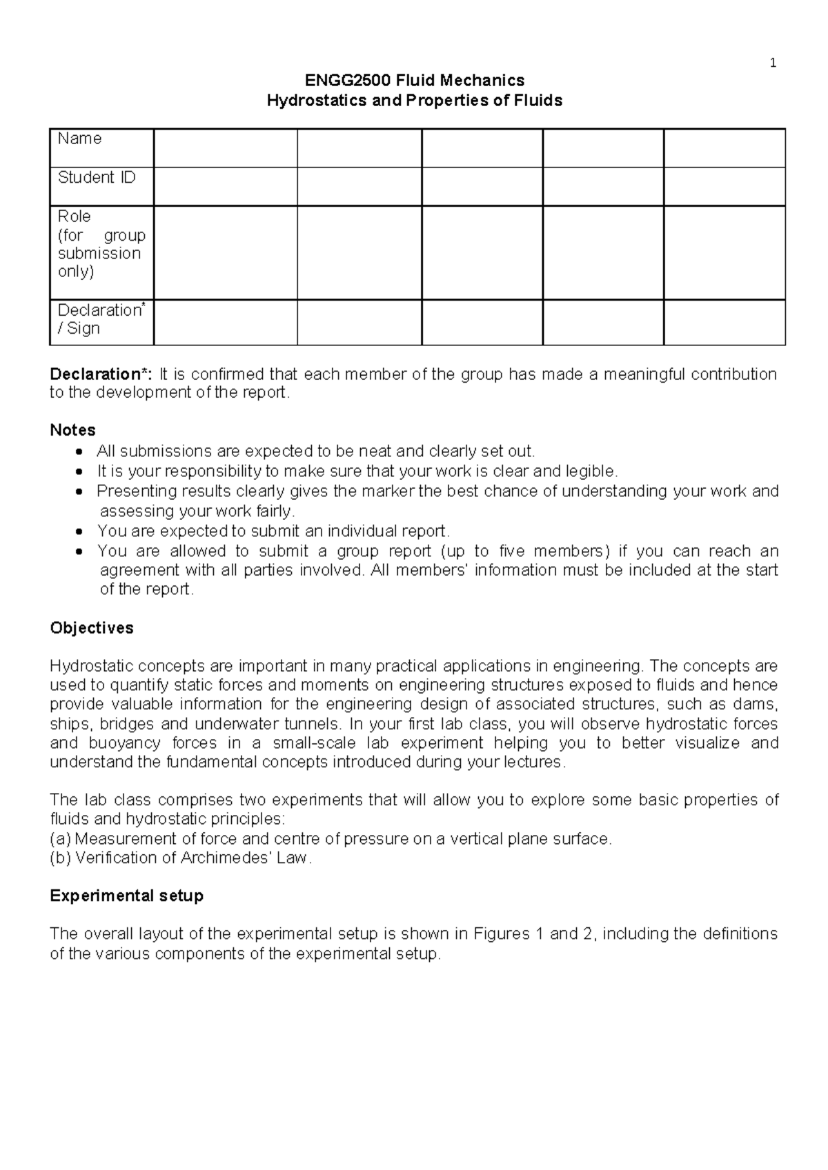 ENGG2500 Lab 1 Report: Hydrostatics & Fluid Properties Analysis - Studocu