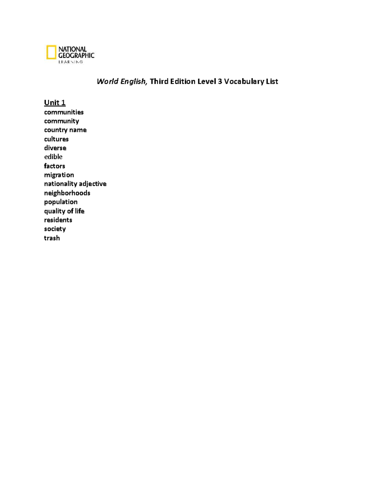 World English 3E Level 3 Vocabulary List Overview - Studocu