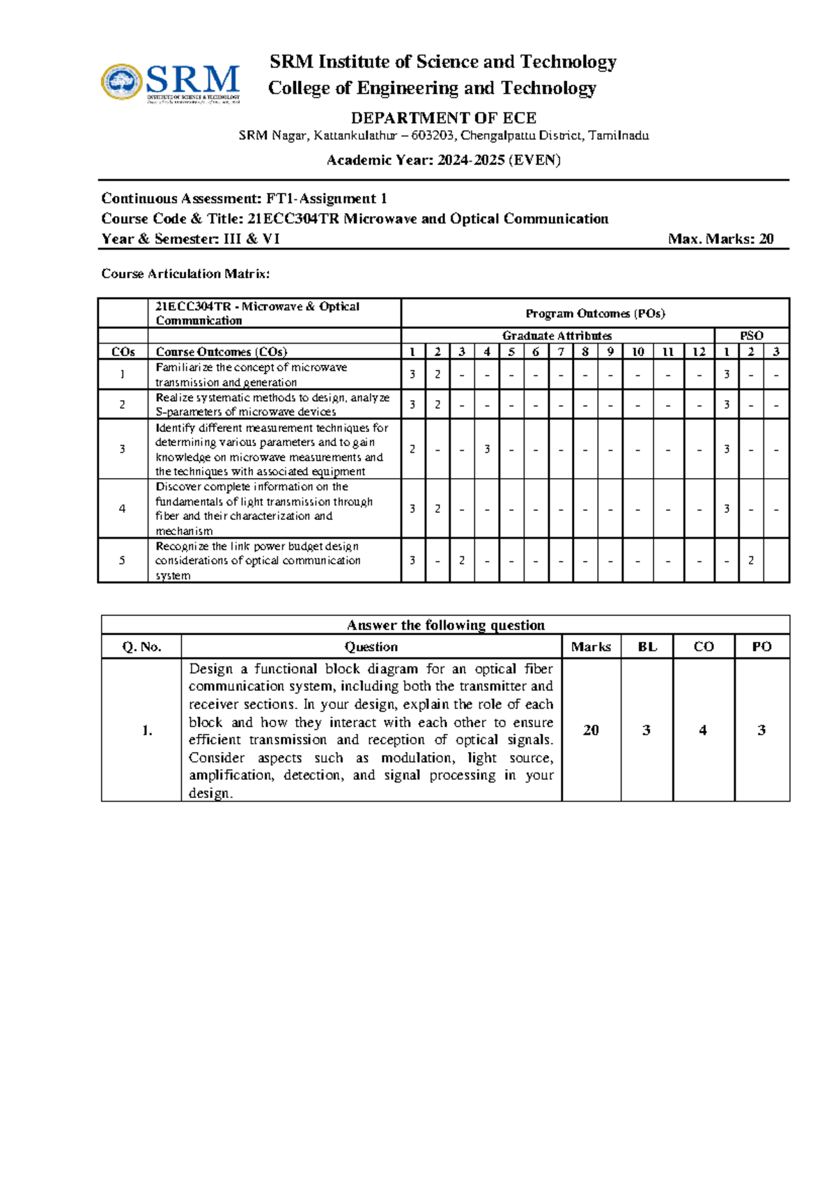 FT1- Assignment 1QP - SRM Institute of Science and Technology College ...