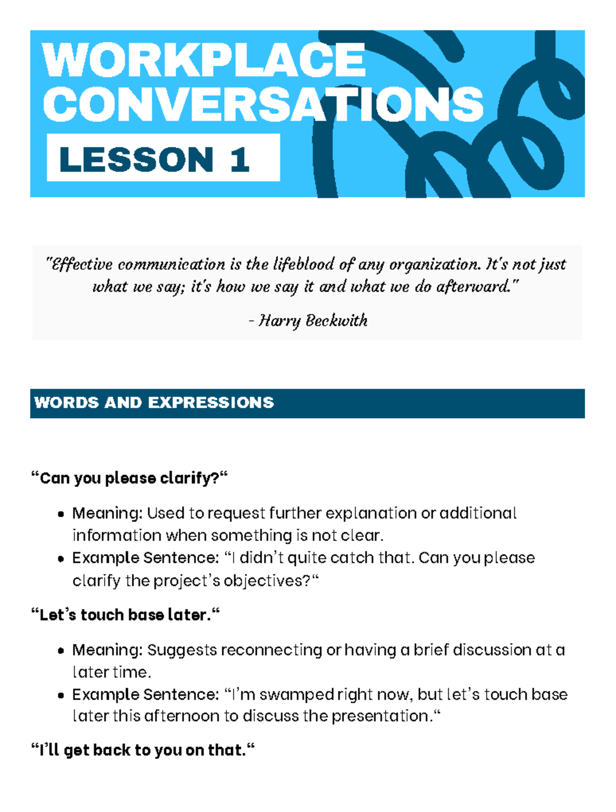 WORKPLACE COMMUNICATION LESSON 1: Key Expressions and Meanings - Studocu