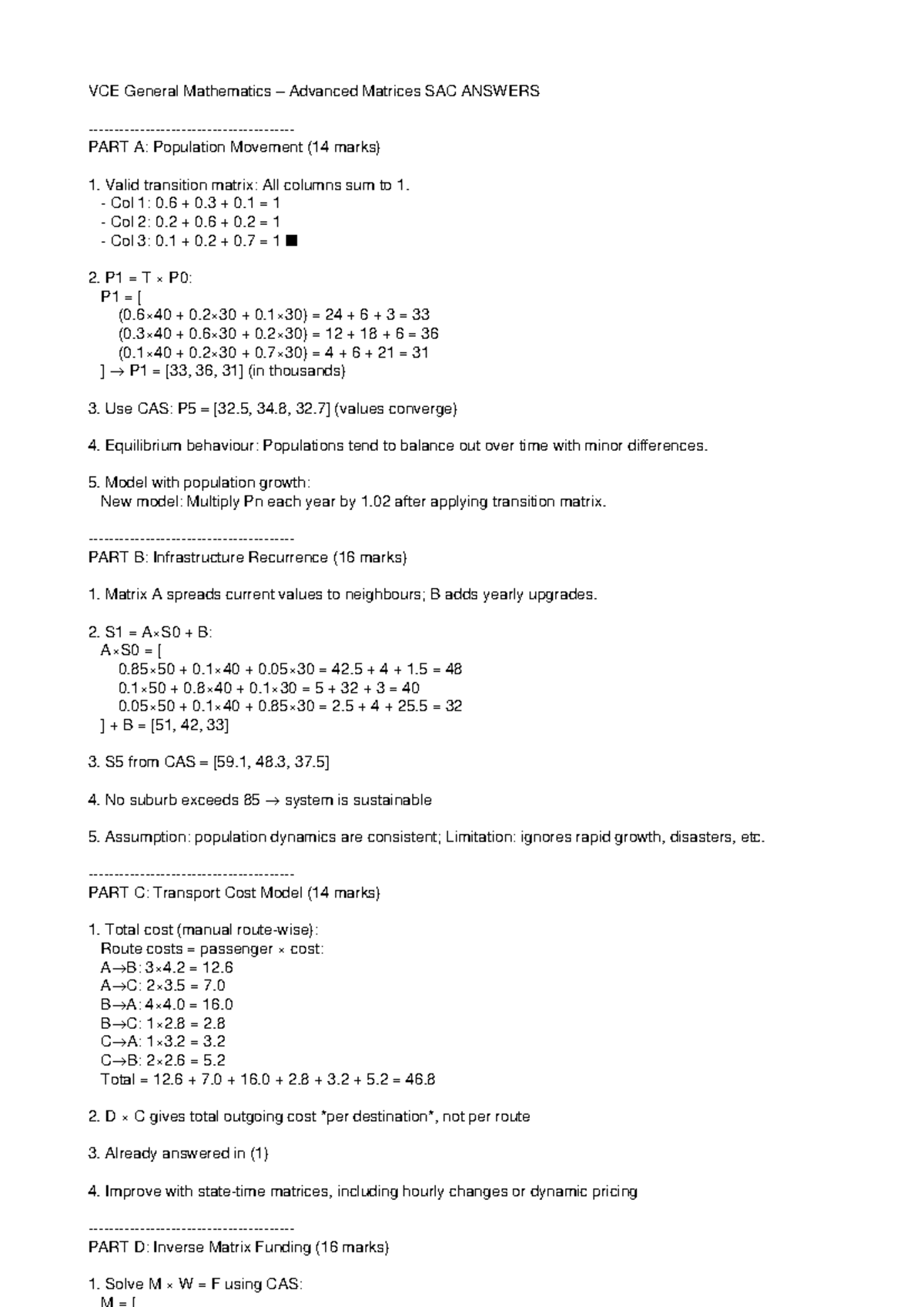 VCE General Mathematics Advanced Matrices SAC Solutions - Studocu