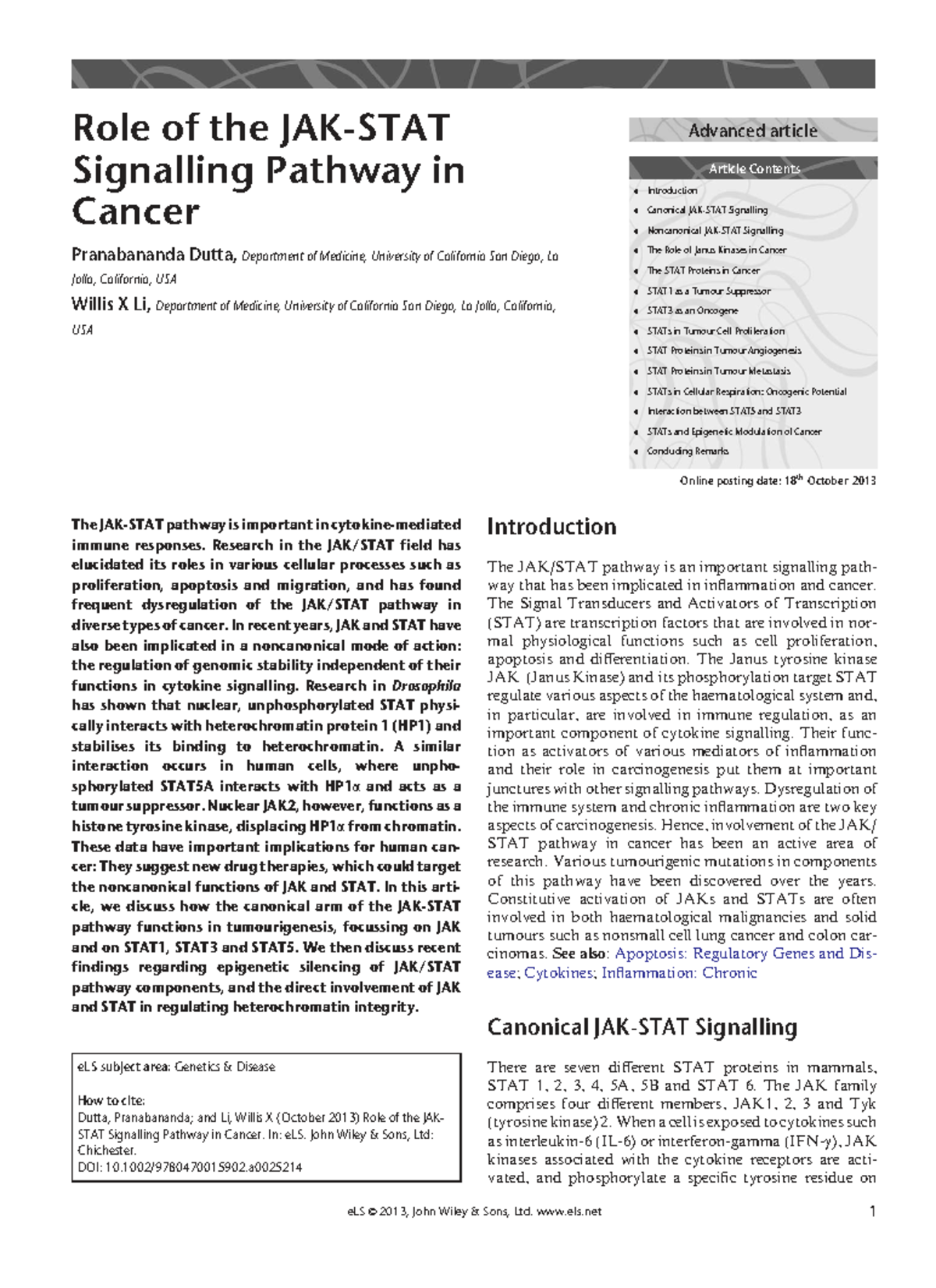Role of the JAK-STAT Signalling Pathway in Cancer (ELS) - Studocu