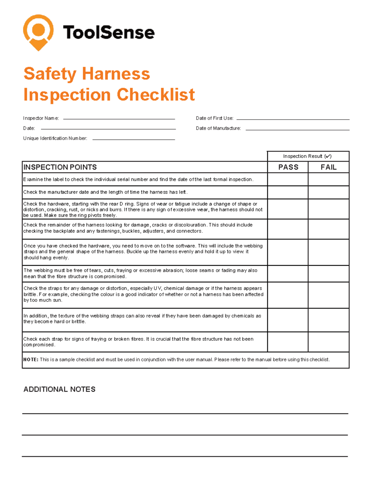 Safety Harness Inspection Checklist