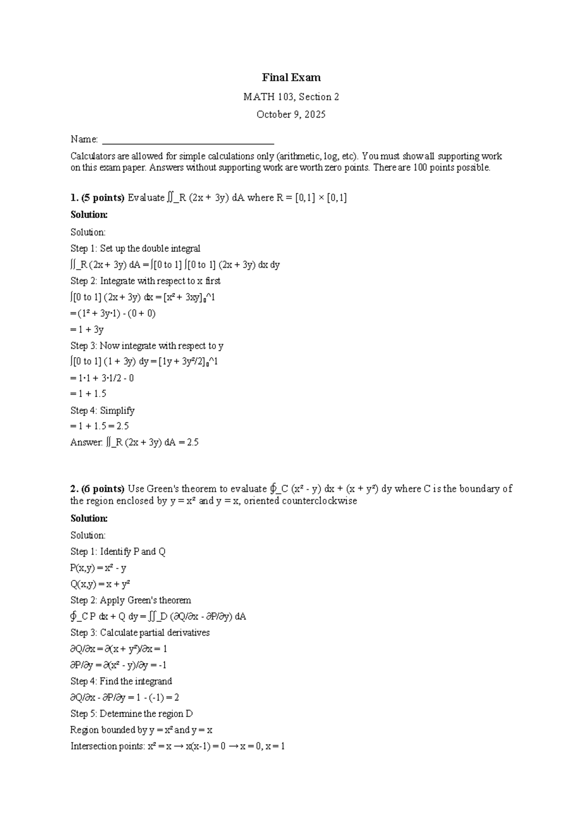 Final Exam Solutions for MATH 103, Section 2 - October 9, 2025 - Studocu
