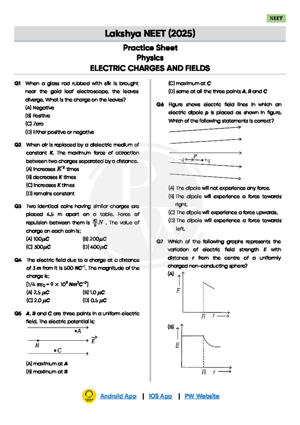 Electric Charges and Fields Practice Sheet Lakshya NEET 2025 - Lakshya ...