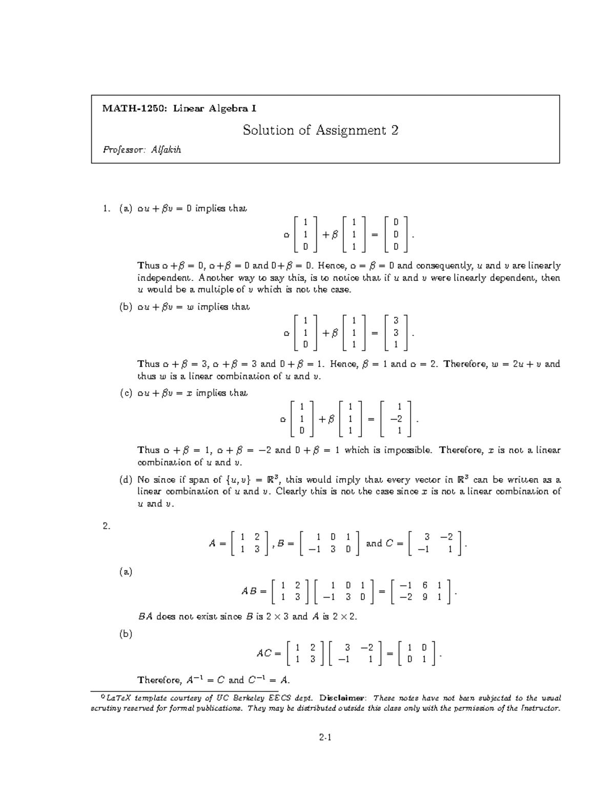 Hw2 - Homework 2 for MATH 1250 Linear Algebra 1 - MATH-1250: Linear ...