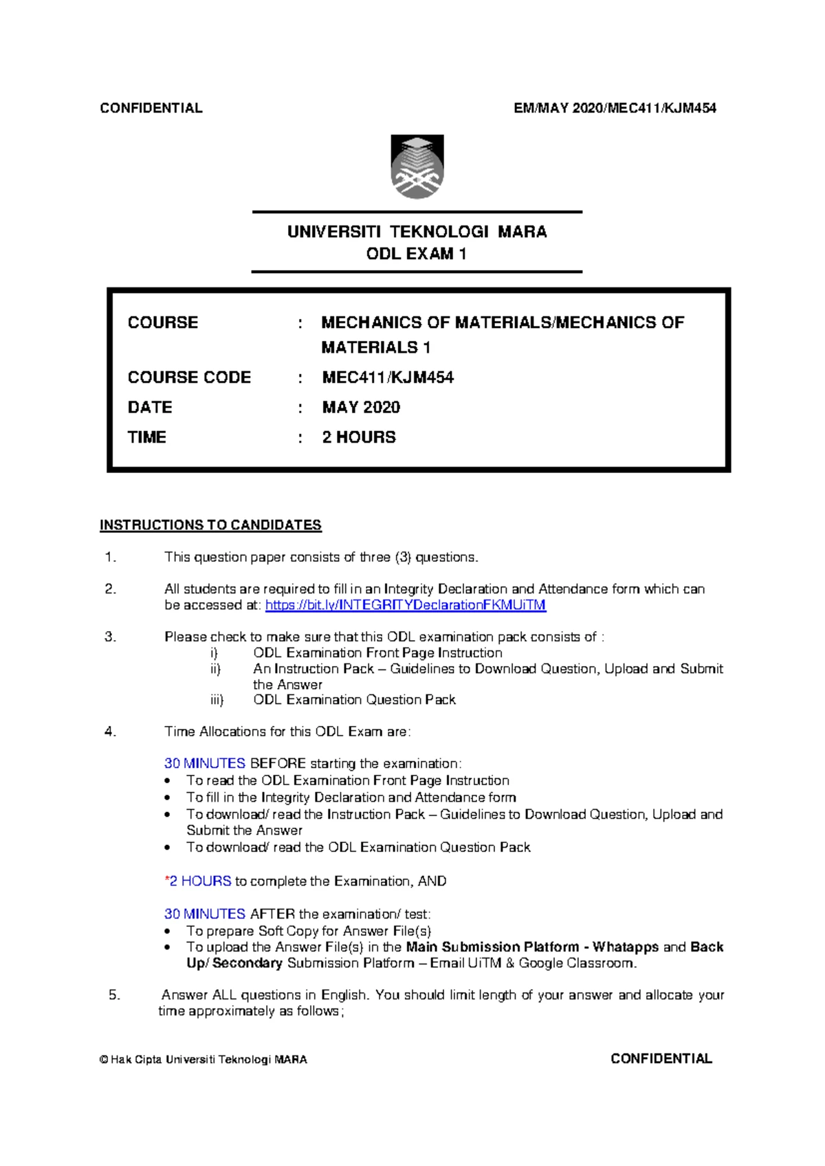 Mechanics of Materials: Past Year Exam Questions & Solutions - Studocu