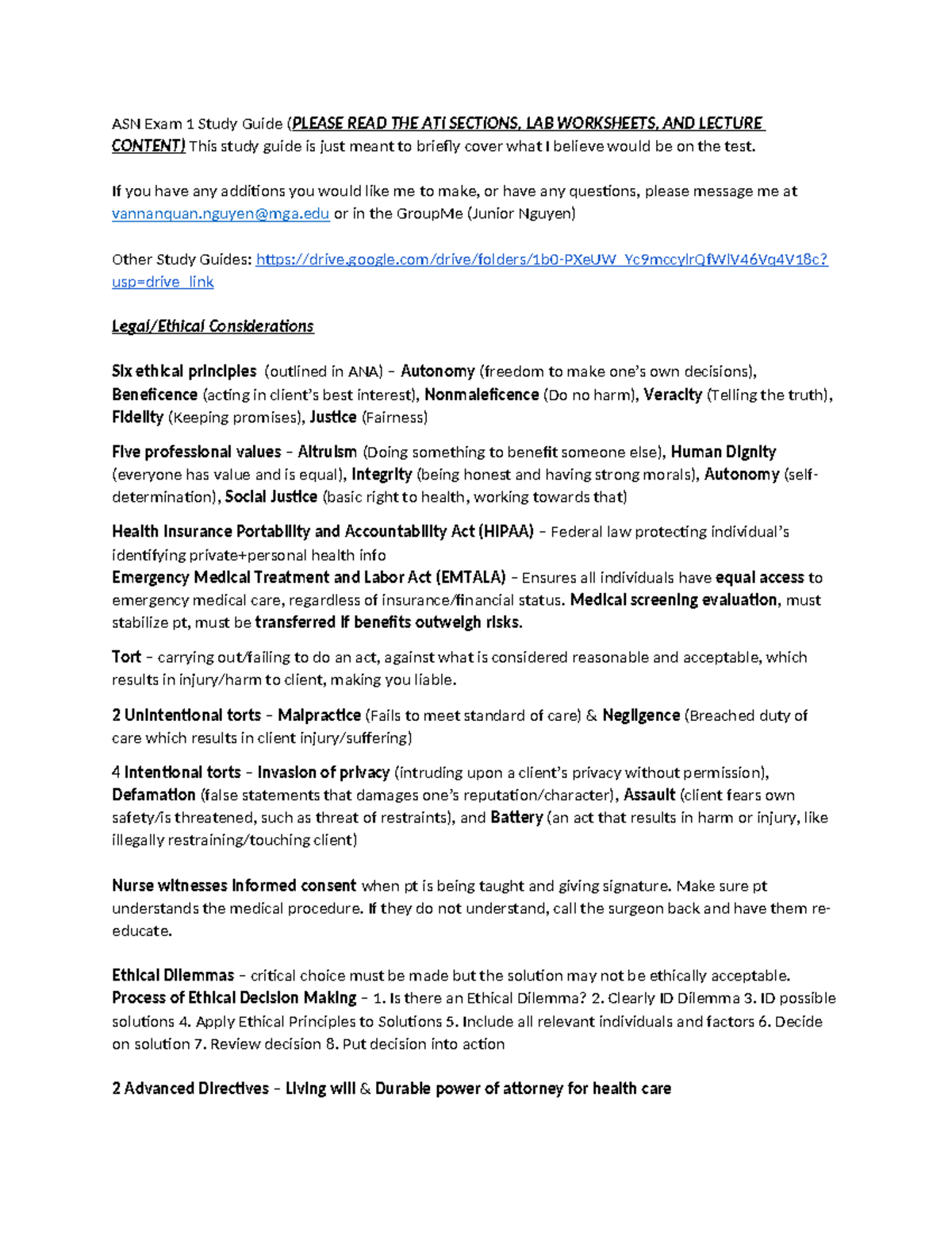 ASN 1st Exam Study Guide: Key Concepts & Ethical Principles - Studocu