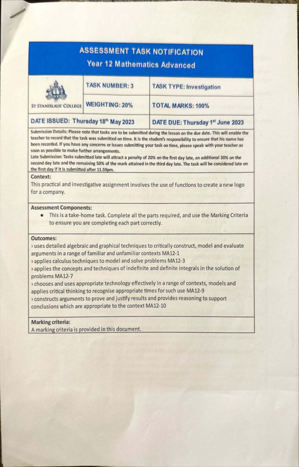 Year 12 Mathematics Advanced Investigation Task Notification - Studocu
