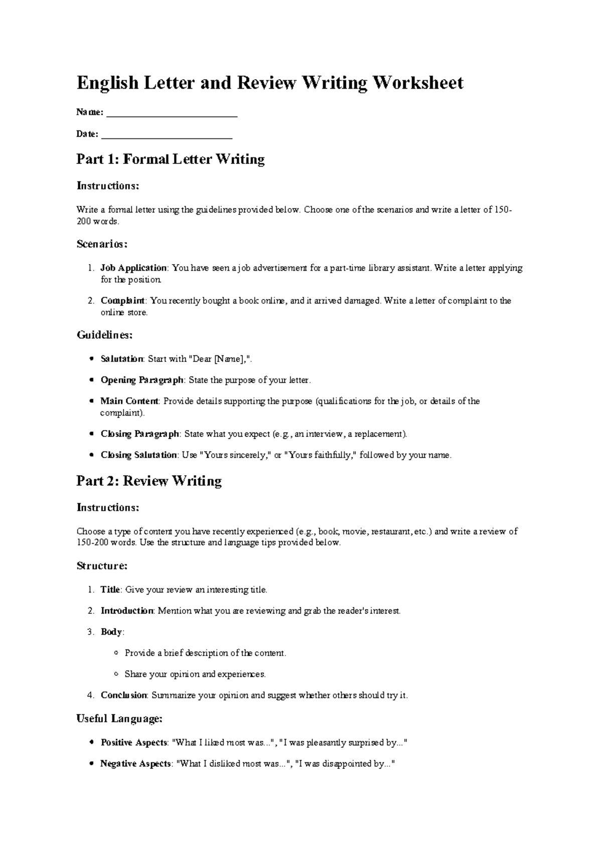 ENG 101: English Letter & Review Writing Worksheet Guide - Studeersnel