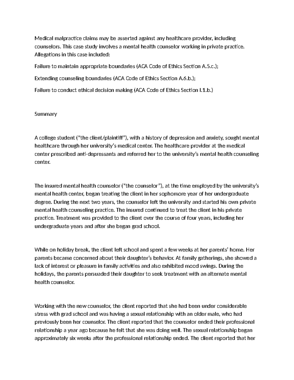 Case Study: Medical Malpractice in Mental Health Counseling (MH 101 ...