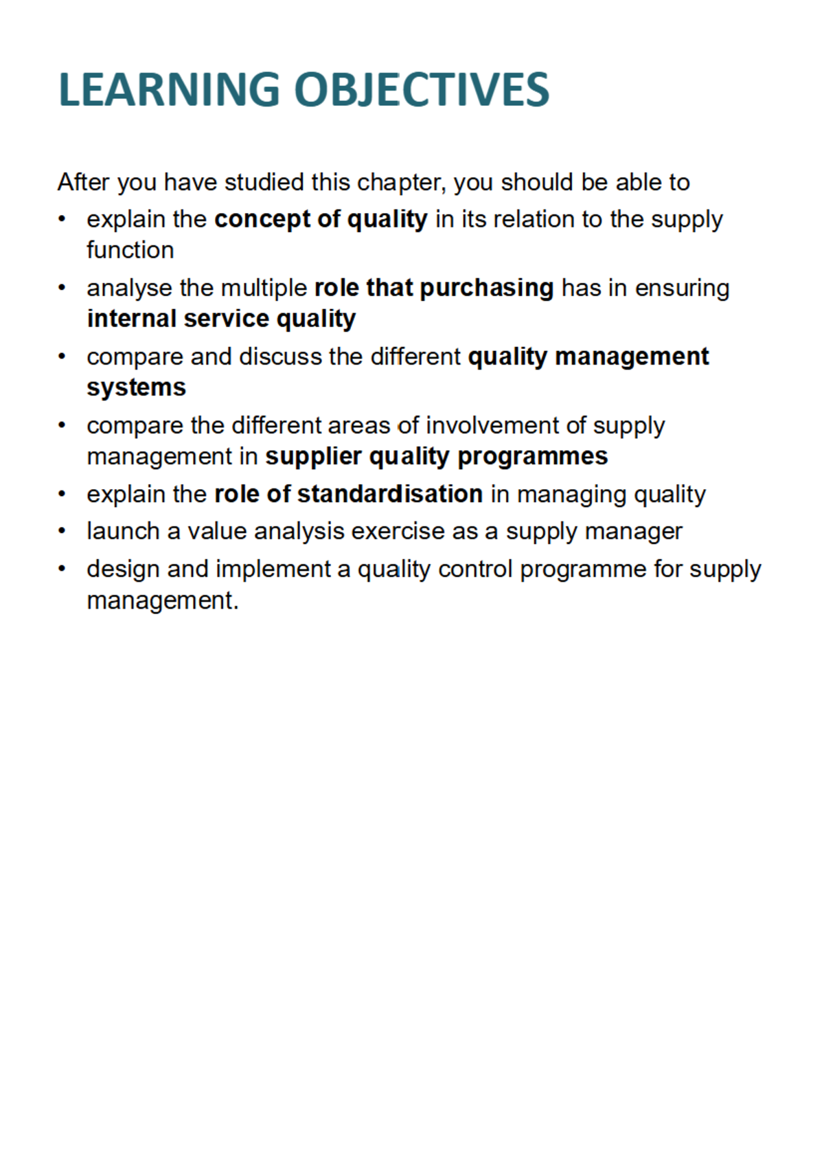 Chapter 7 Learning Objectives: Quality in Supply Management - Studocu