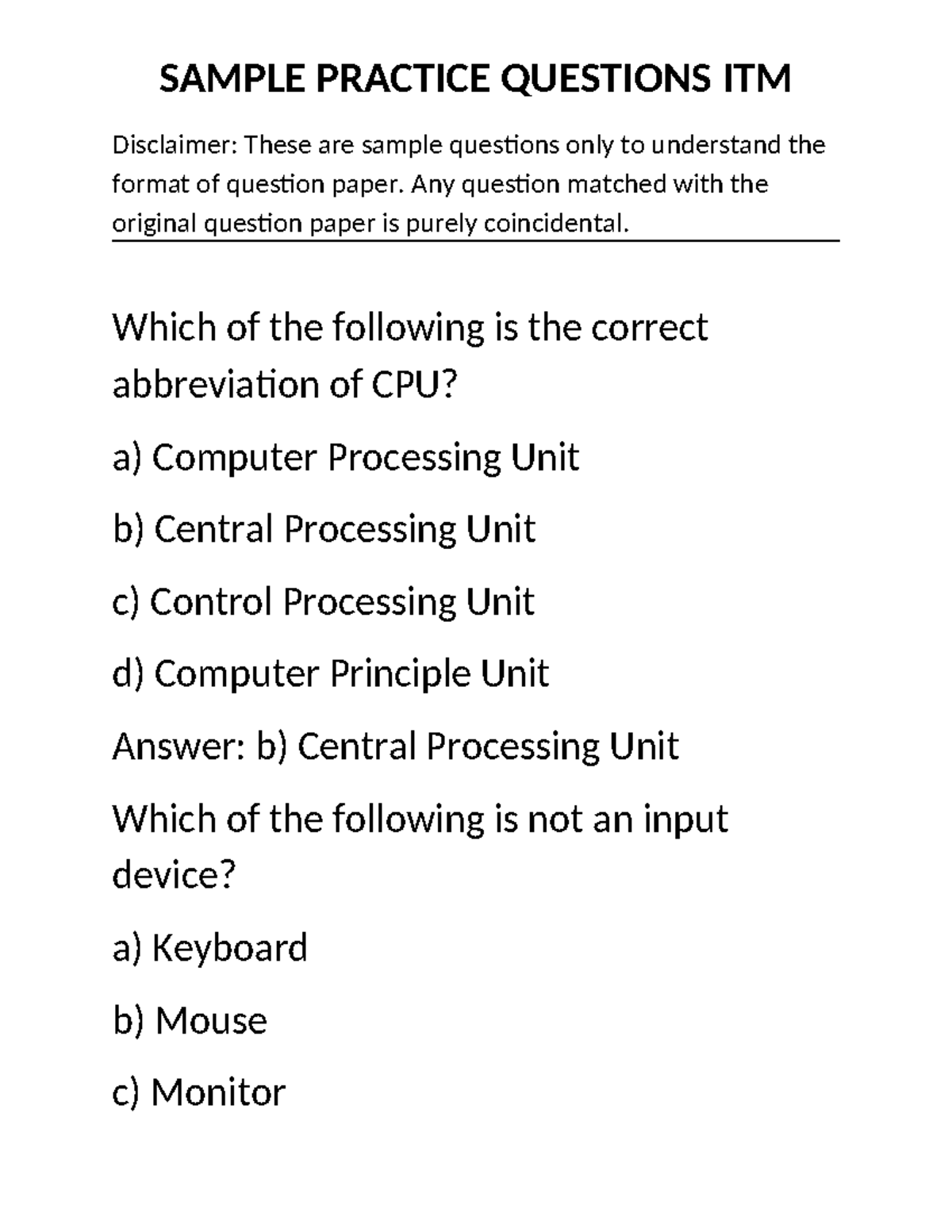 ITM Sample MCQ Practice Questions for Final Exam Preparation - Studocu