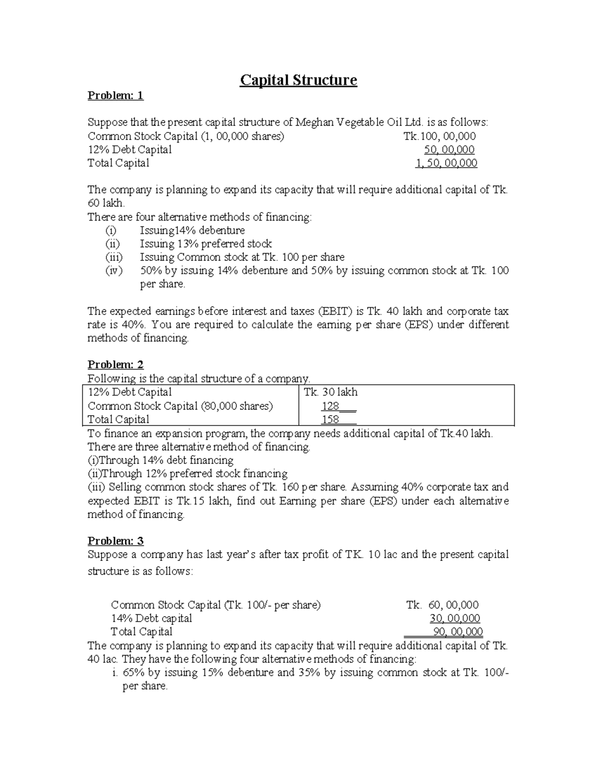 Mathematical Problems of Capital Structure: EPS Calculations and ...