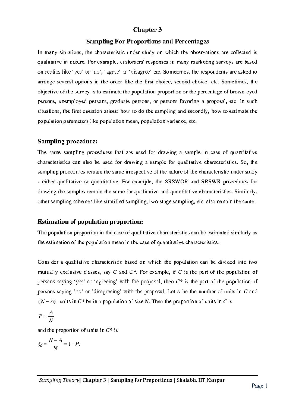 Chapter 3: Sampling for Proportions and Percentages (IIT Kanpur) - Studocu