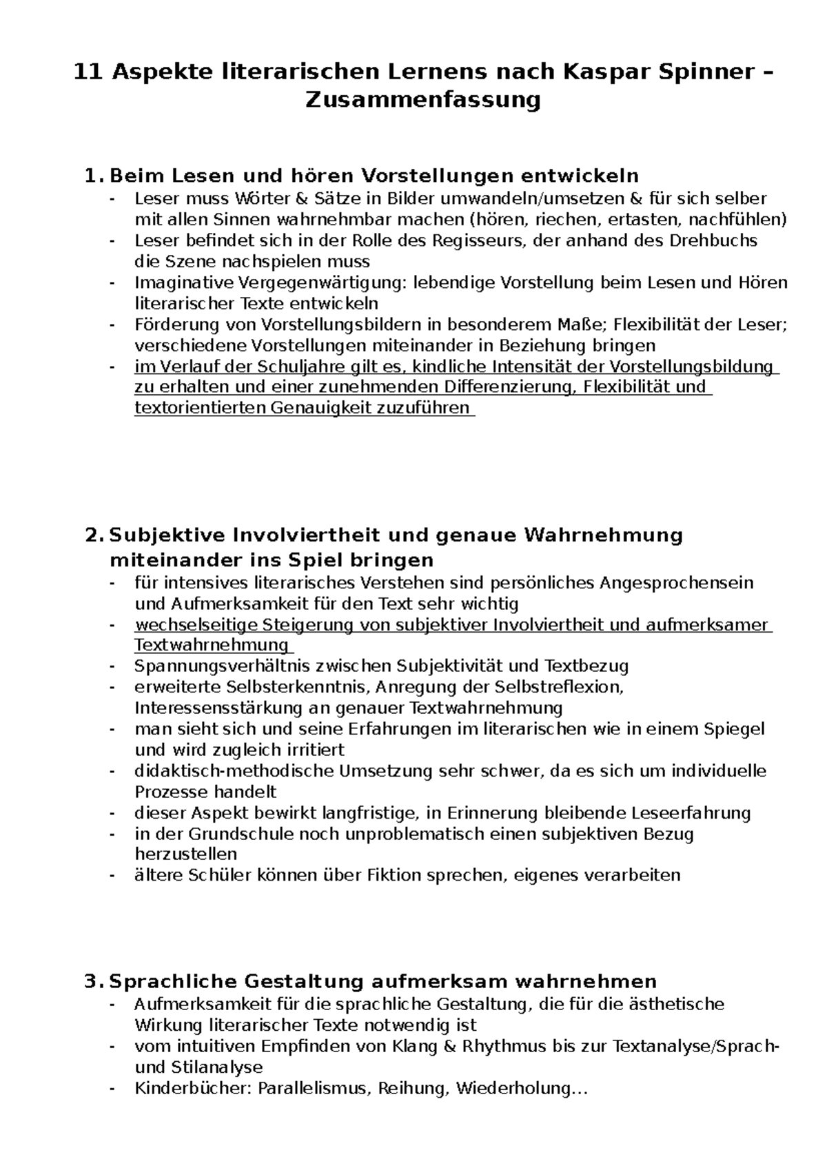 11 Aspekte Literarischen Lernens Spinner Pdf 11 Aspekte literarischen Lernens nach Kaspar Spinner - Beim Lesen und