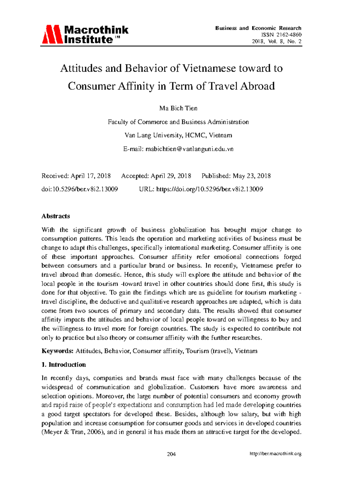 Consumer Affinity and Travel Behavior of Vietnamese Tourists: A Study ...