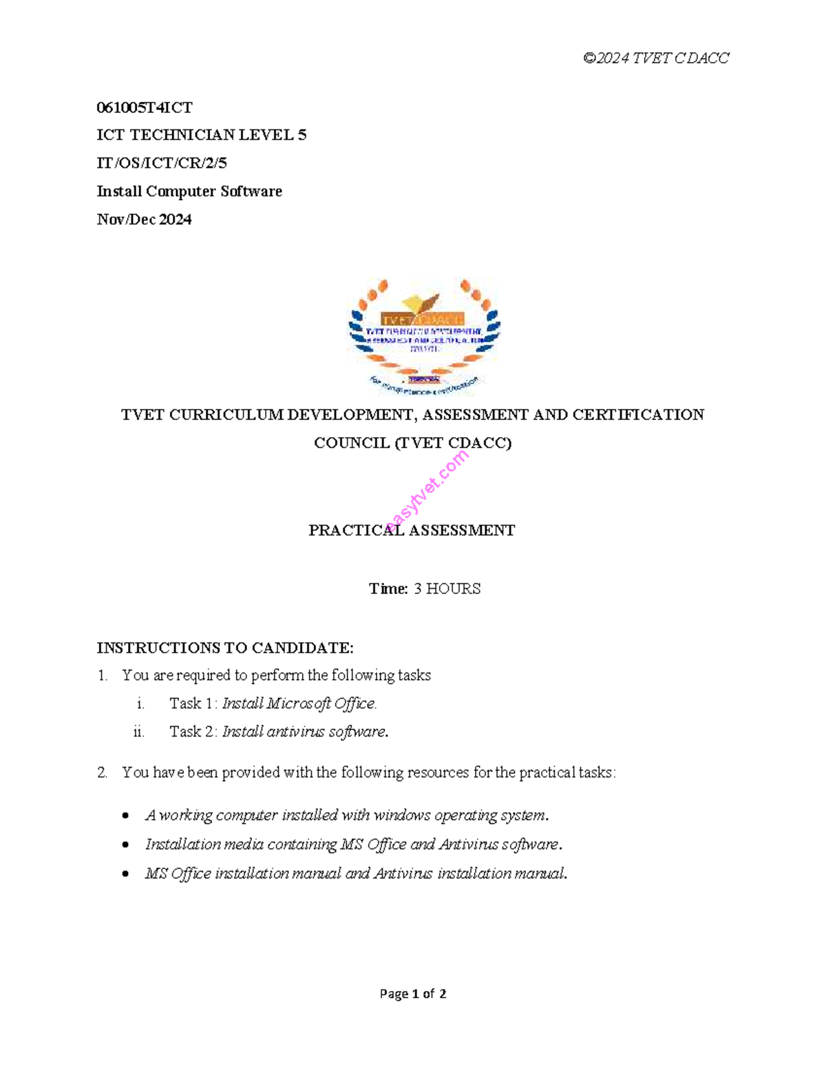 PRAC 1 - INSTALL COMPUTER SOFTWARE - ©2024 TVET CDACC Page 1 of 2 ...