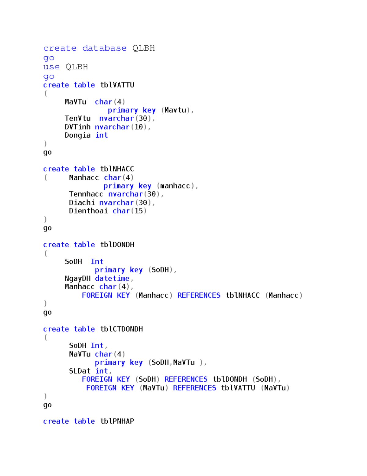 Database Creation and Table Structure for QLBH System - Studocu