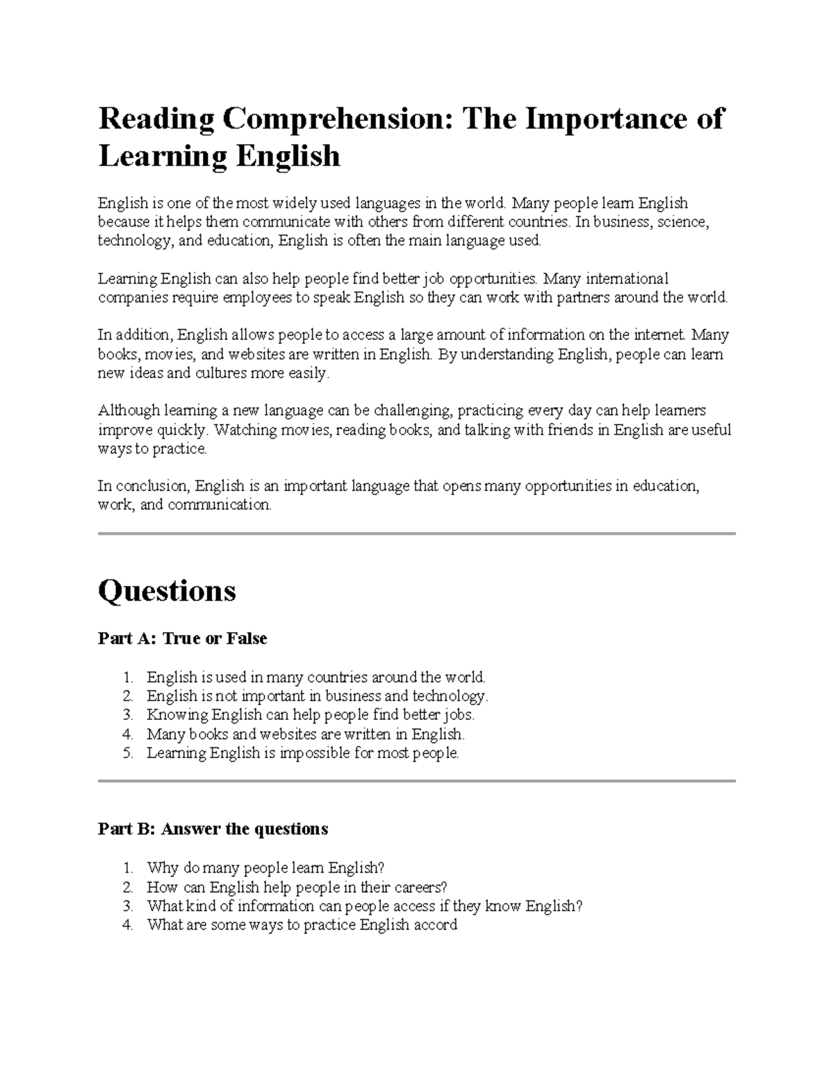 Reading Comprehension: The Importance of Learning English - Study Guide ...
