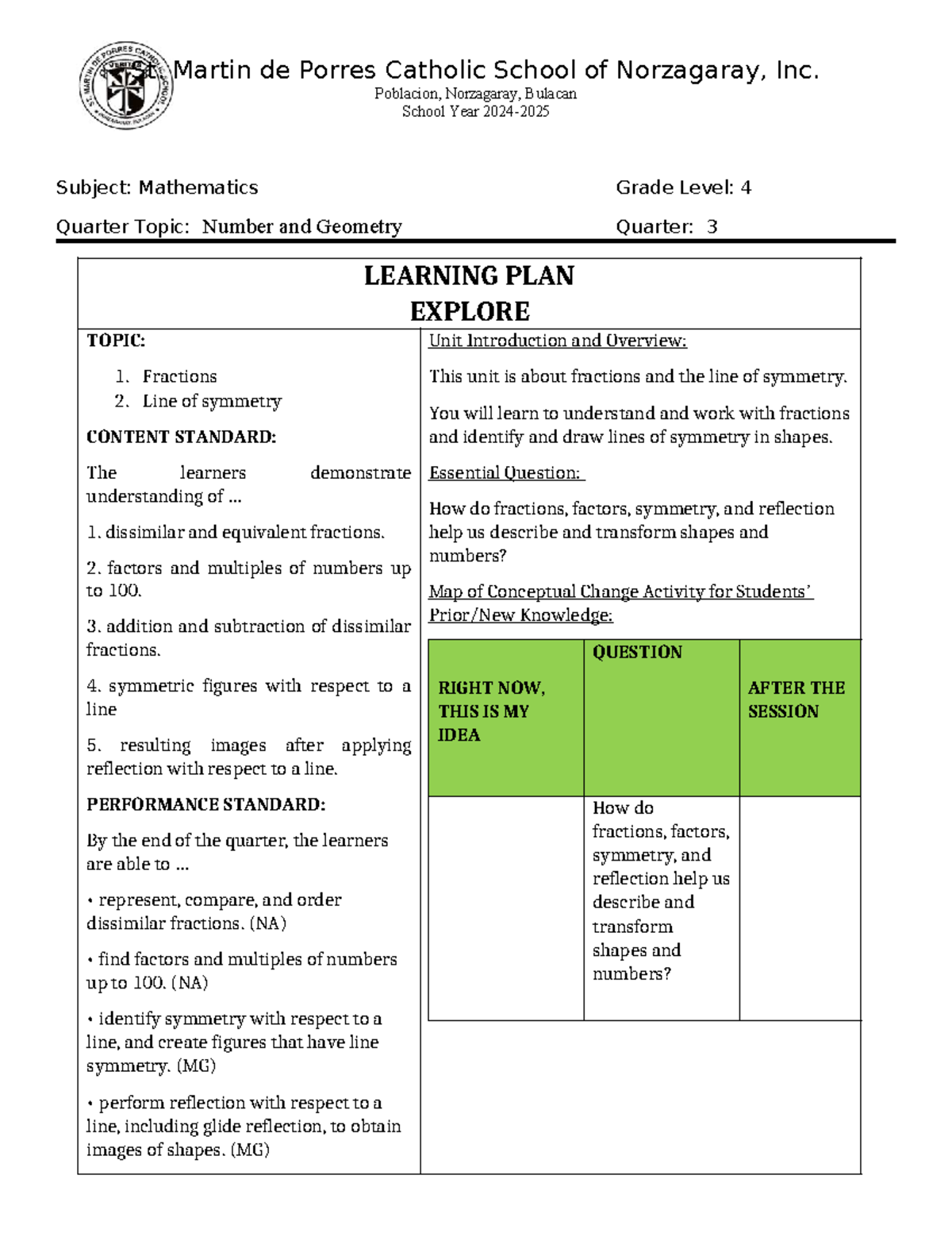 Grade 4 Math Learning Plan: Fractions & Symmetry (3rd Quarter) - Studocu
