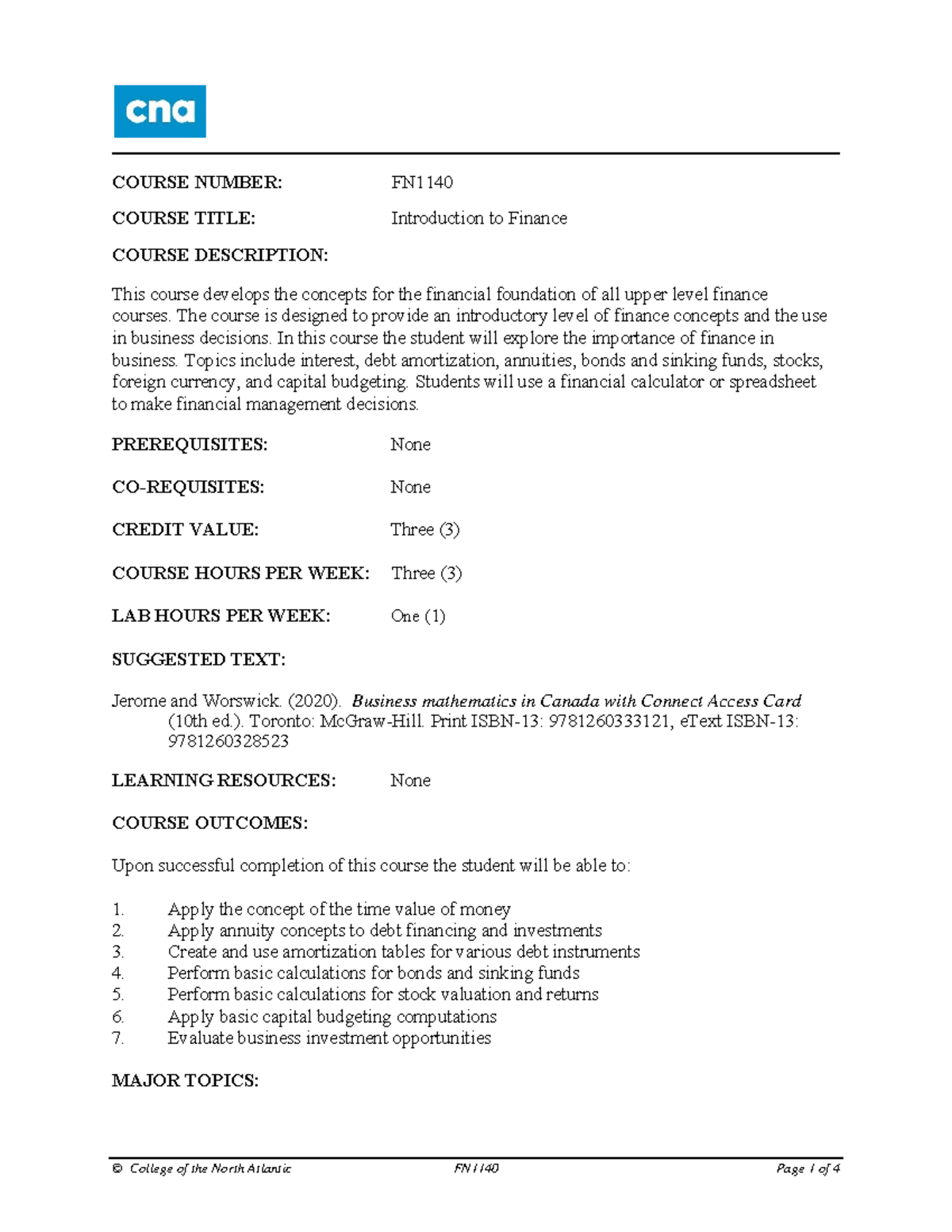 FN1140 - Intro to Finance Course Outline and Major Topics Overview ...